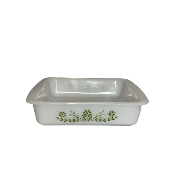 Vintage Glasbake‎ Square 8" Dish Green Daisy Flowers USA  #J2428 Mid Century Mod - Picture 1 of 3